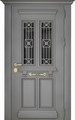 Утепленная термодверь с металлобагетом, карнизом, ковкой и стеклом (полимерная серая покраска)