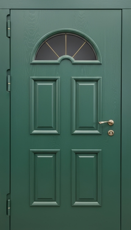Стальная термодверь с полукруглым стеклом и зелеными панелями МДФ с багетом Стальная термодверь с полукруглым стеклом и зелеными панелями МДФ с багетом